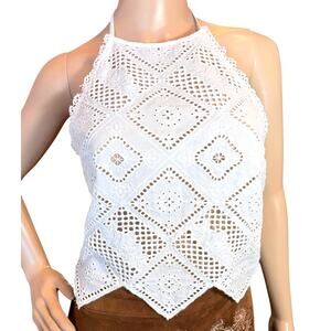 Free People Hankie Halter Tank Crop Top Floral Eyelet Embroidery Cotton XS Boho